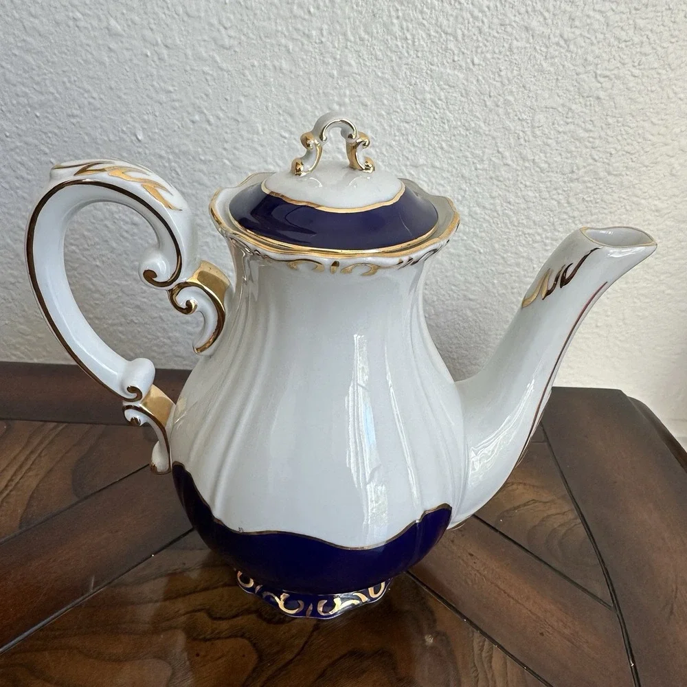 Zsolnay Hungary Pompadour‎ III Teapot 6.75 Inch Cobalt Blue 18kt Gilded Signed